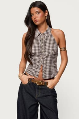 Imrie Plaid Collared Halter Top - Cotton Polyester Smocked Back Ruffle Plaid Pattern