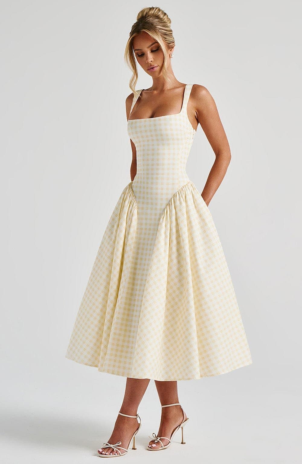 Sherrie Midi Dress in Lemon Gingham Print - Cotton Nylon Elastane Voile