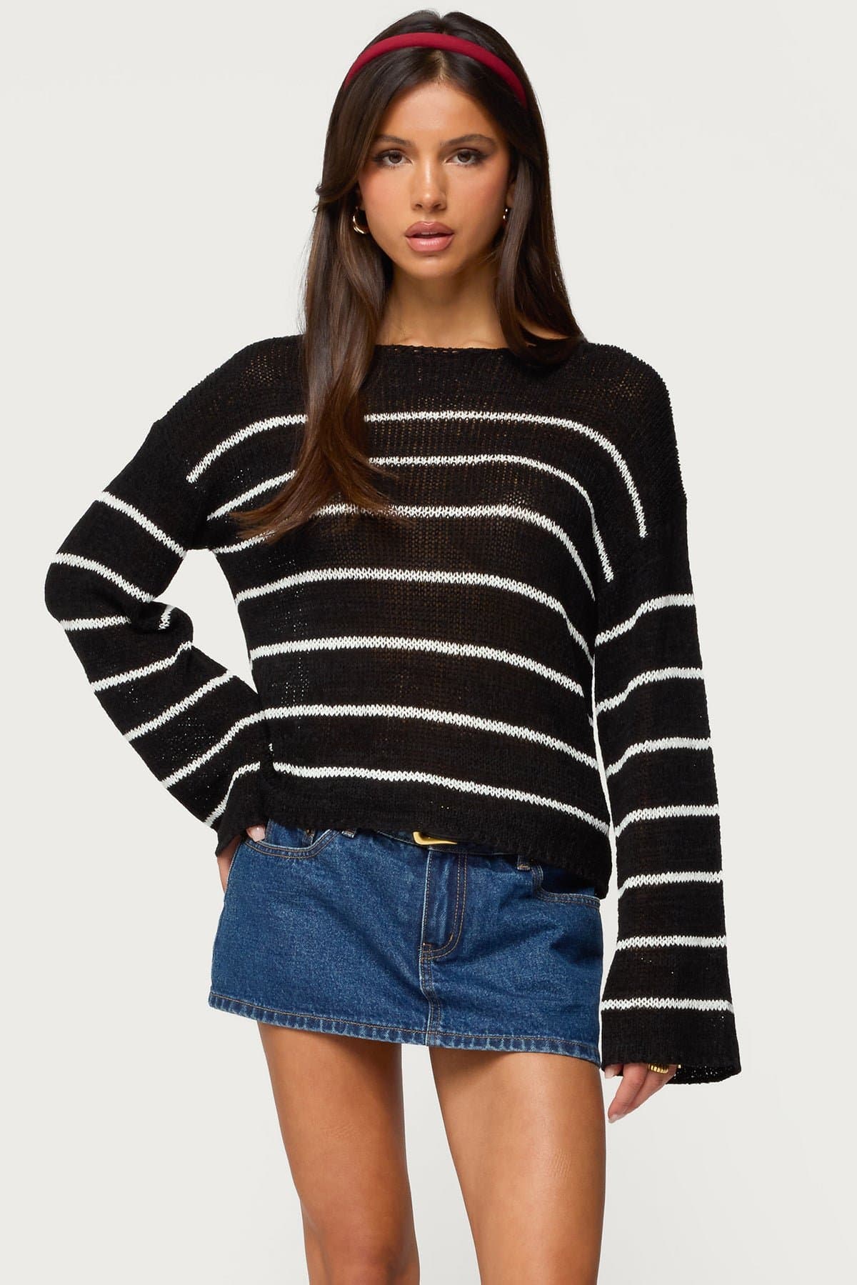 Drop Shoulder Light Knit Striped Sweater - Relaxed Fit Polyester Rayon