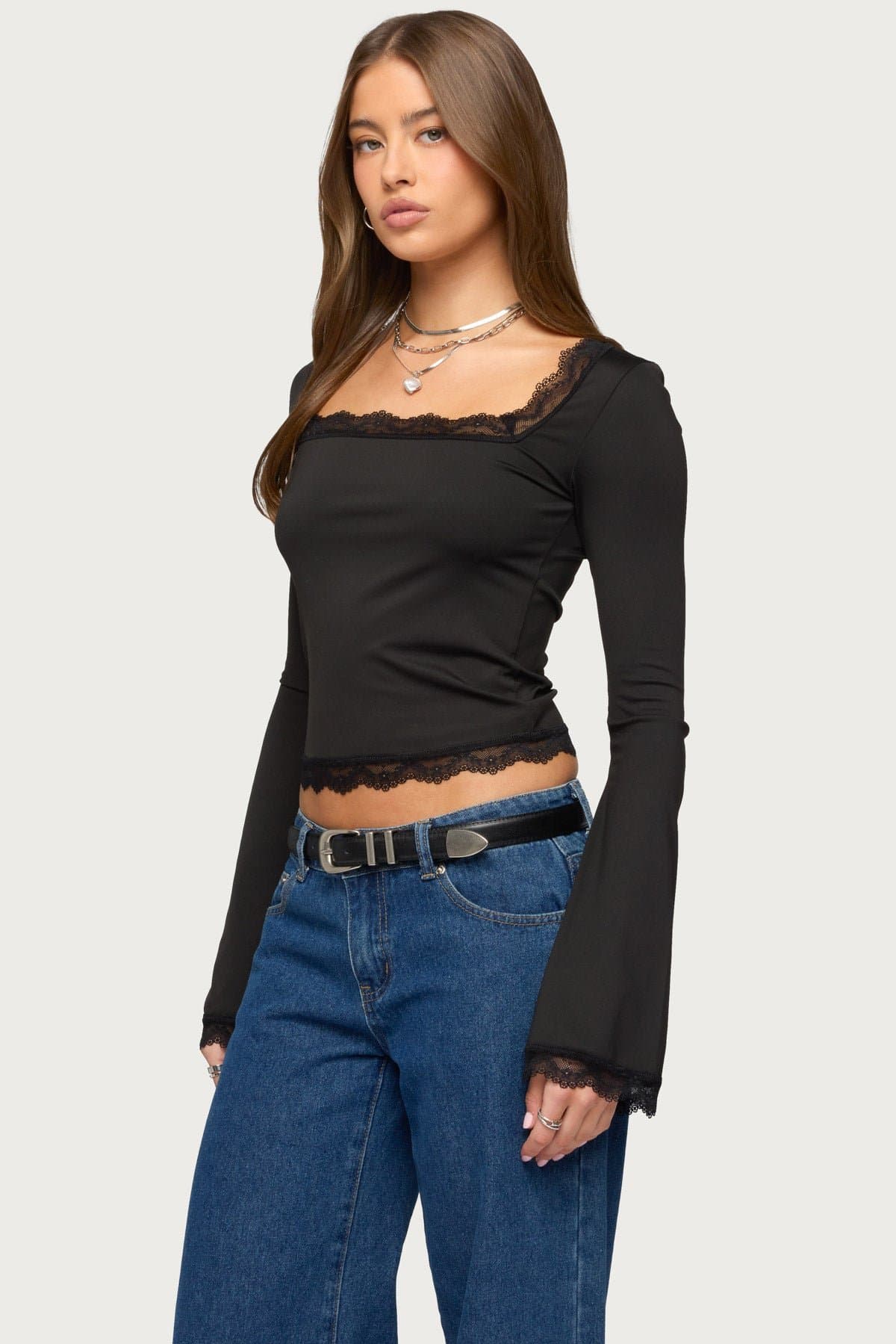 Kailin Lacey Flared Sleeve Top - Square Neckline Lace Trim Polyester Spandex