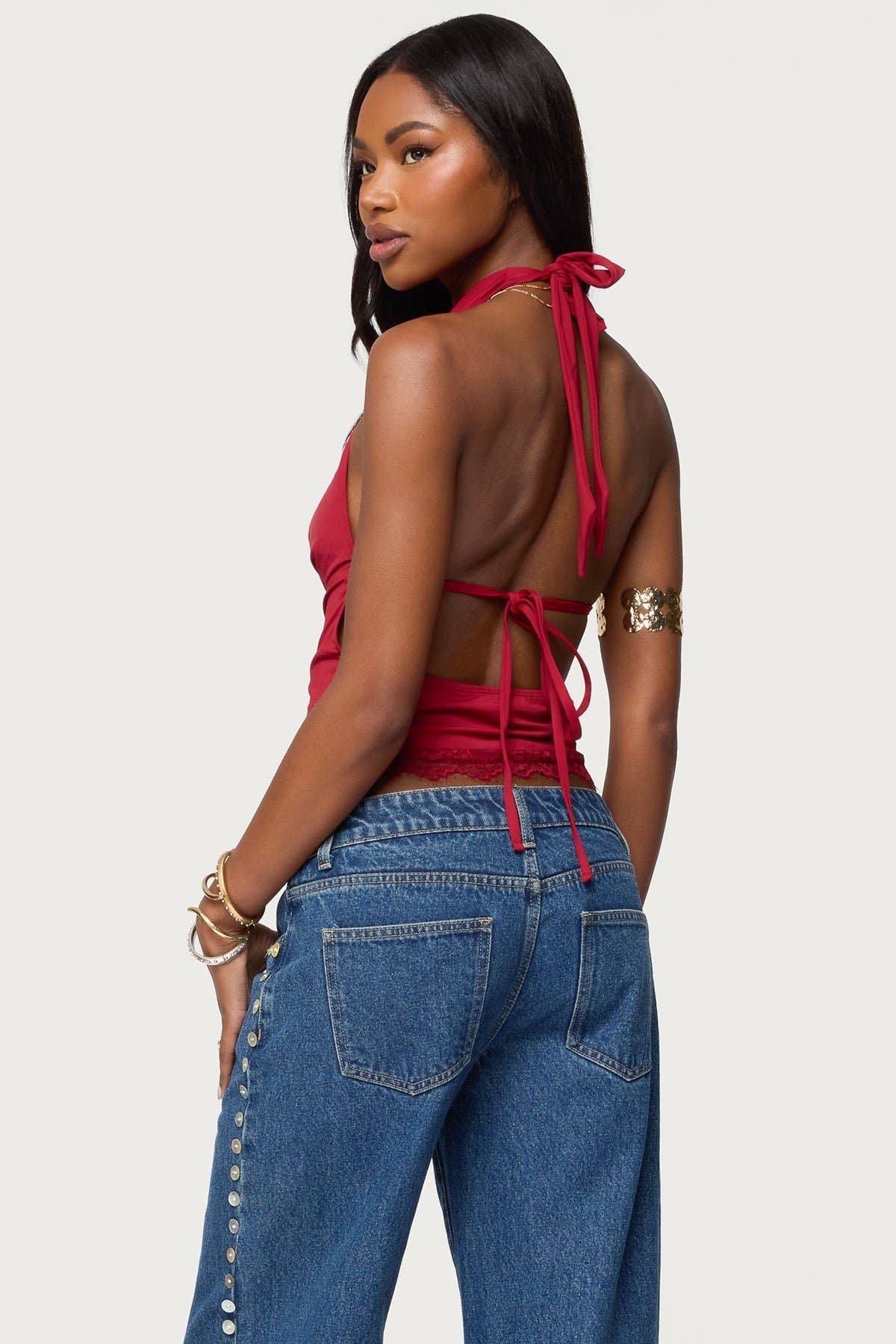 Layered Lacey Cowl Neck Halter Top with Back Tie Nylon Spandex