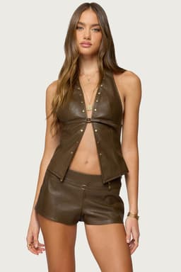 Reese Split Front Faux Leather Halter Top with Studded Detailing