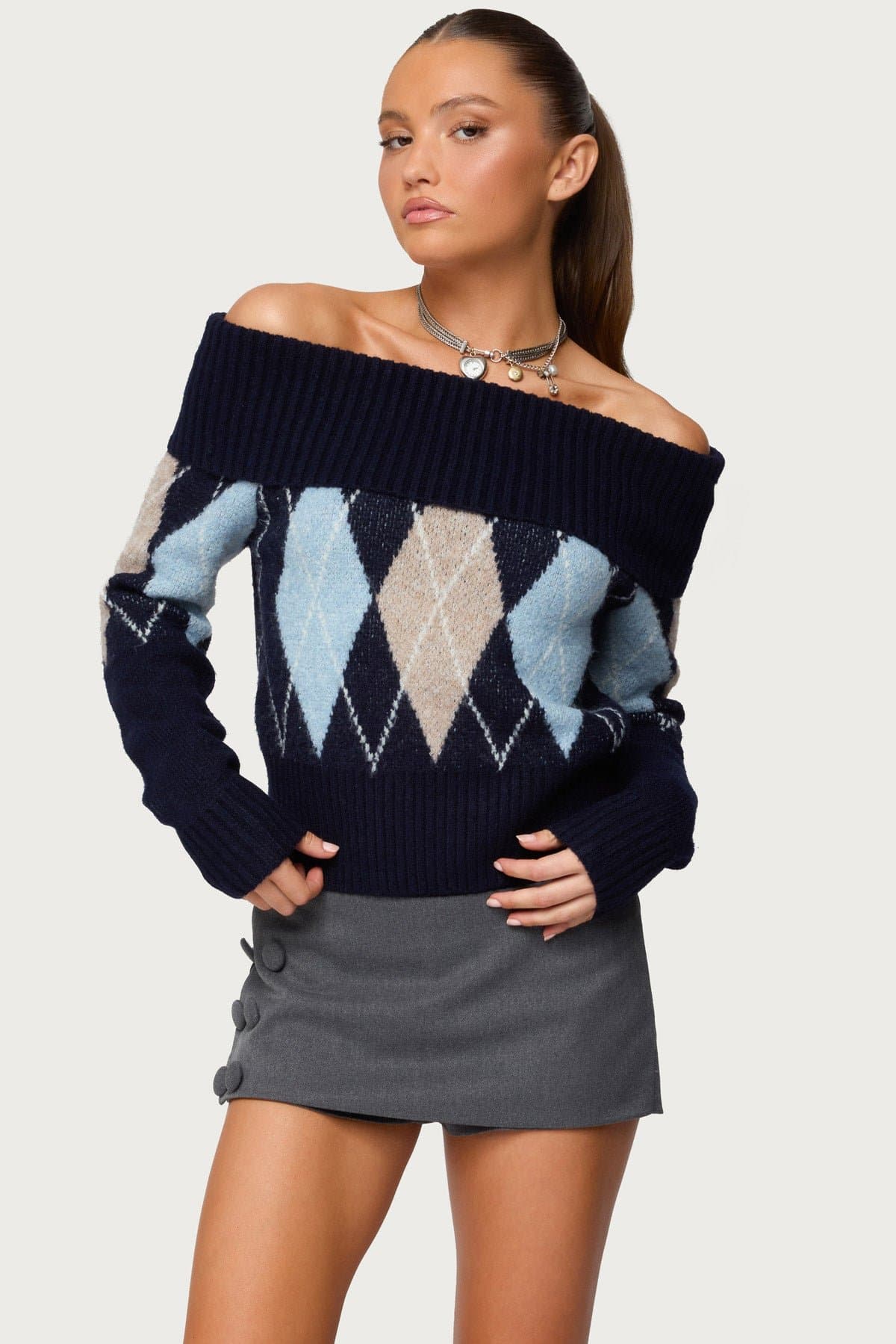Jakarie Argyle Foldover Off-Shoulder Sweater - Knit Acrylic Polyester Spandex