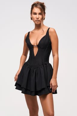 Monarch Layered Mini Dress - Corset Top, Lace Up Back, V Waistband