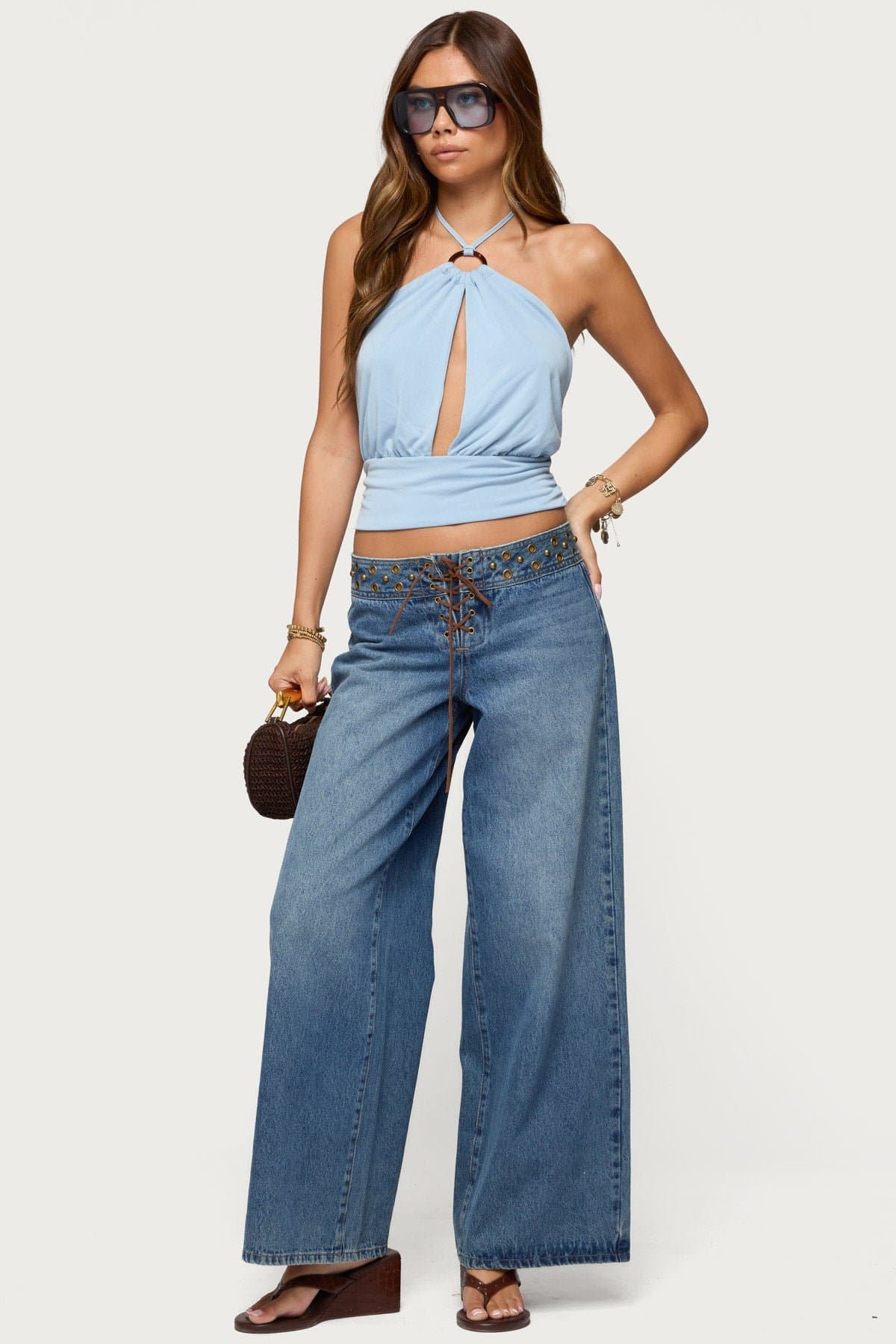 Khalia Backless Cut Out Halter Top - Polyester Rayon Neck Tie Cinched Waist