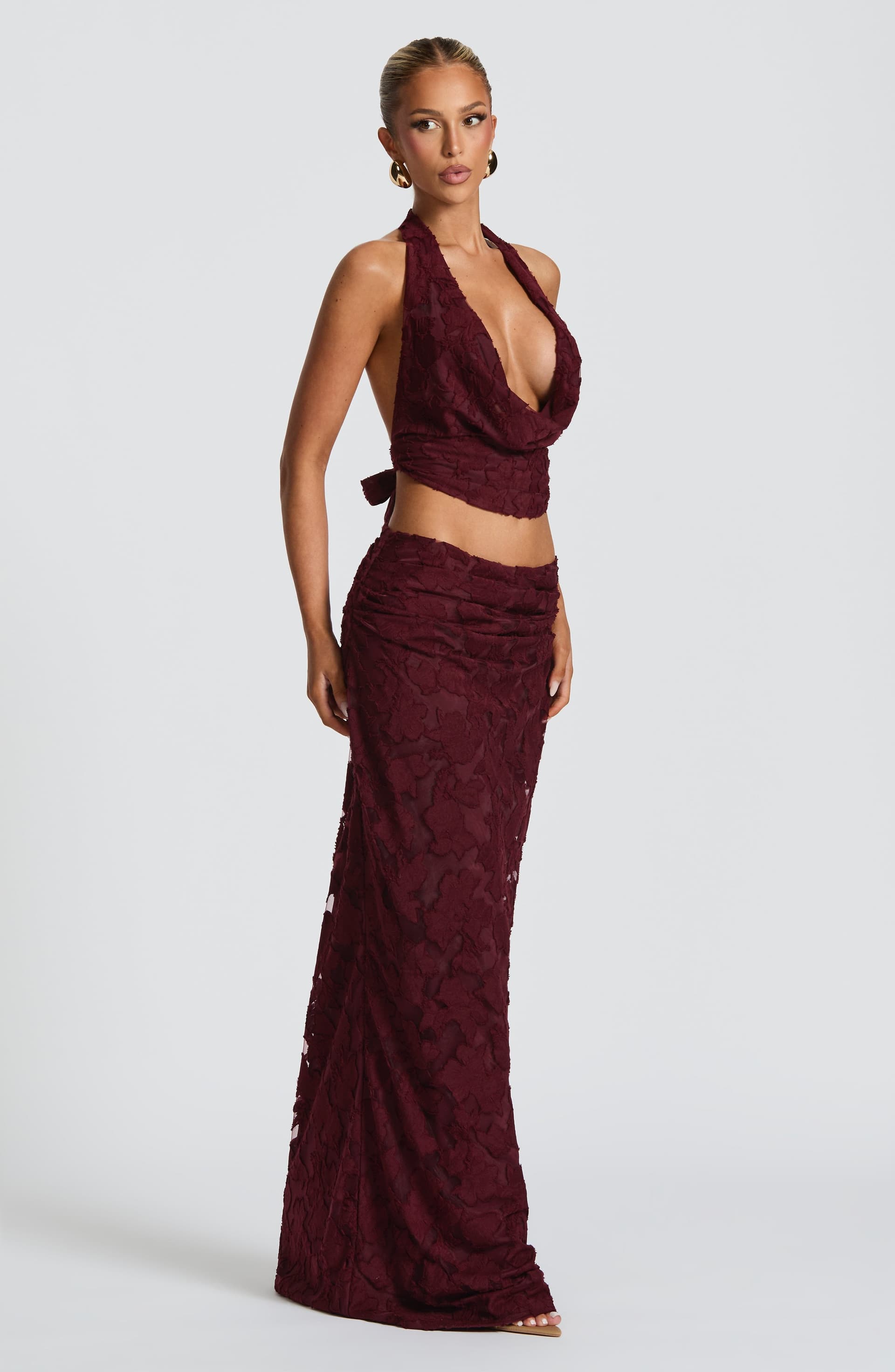 Myra Maxi Skirt Cherry Lacquer Floral Burnout Jersey Mid-Rise Pleated