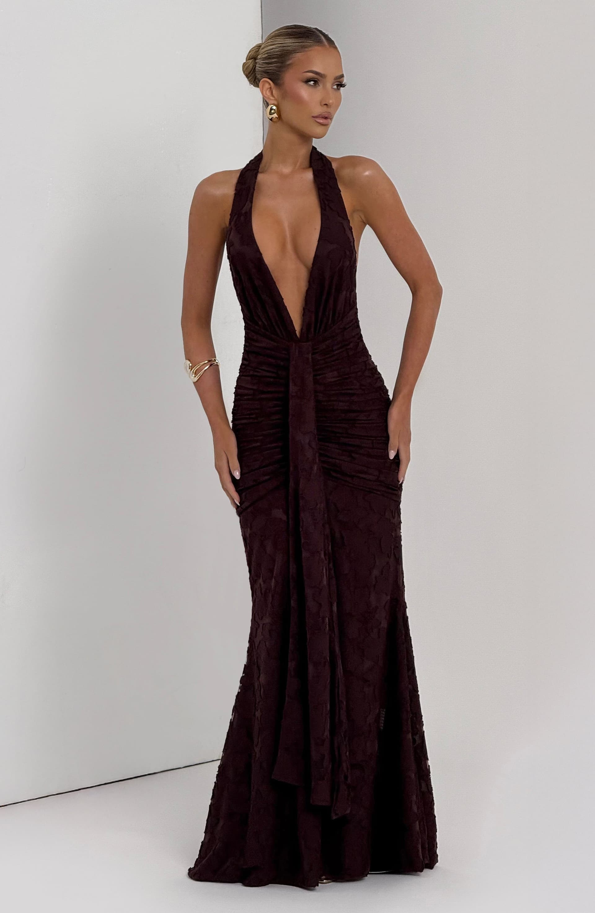 Guinevere Maxi Dress Plum Brown Floral Burnout Jersey Plunge Neckline Halter Open Back