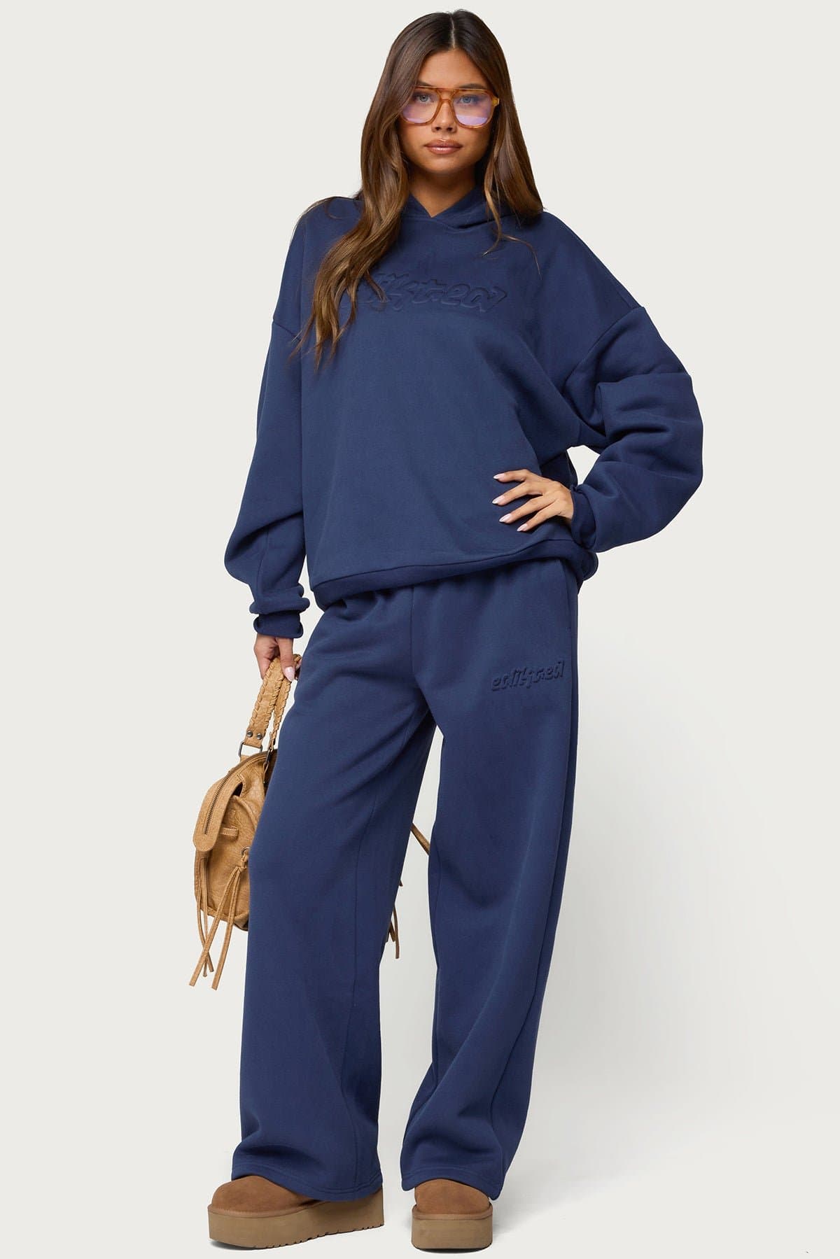 Totally Edikted Wide Leg Sweatpants with Embossed Graphic Polyester Cotton