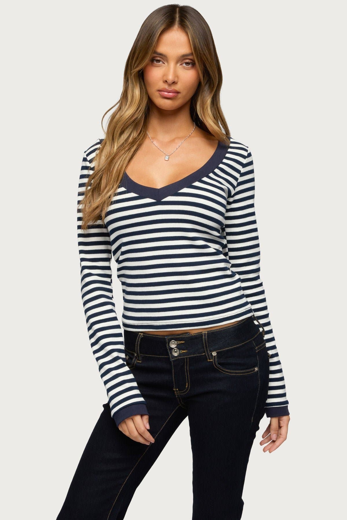 Kimi Striped Long Sleeve V Neck Top - Cotton Spandex
