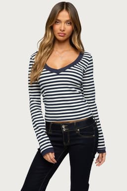 Kimi Striped Long Sleeve V Neck Top - Cotton Spandex