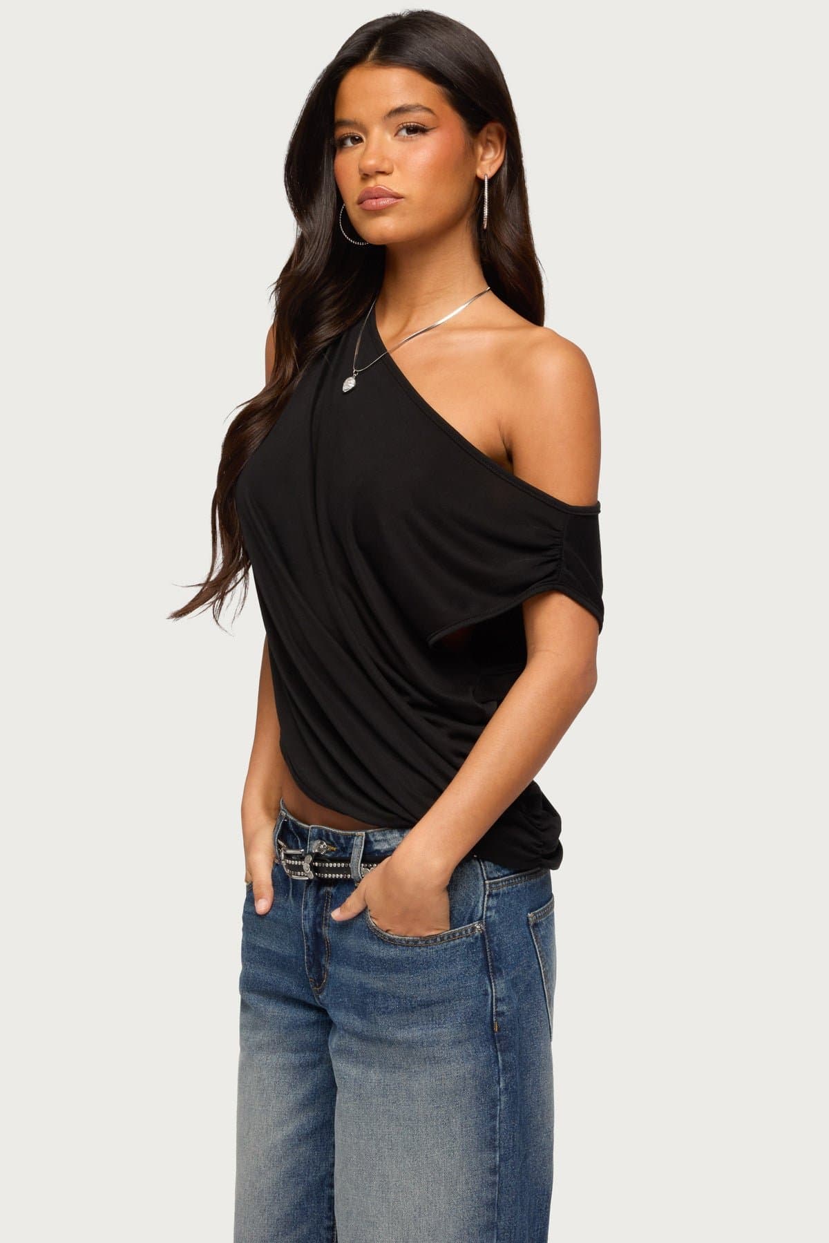 Ofelia Asymmetric Off Shoulder Ruched Top in Rayon Polyester