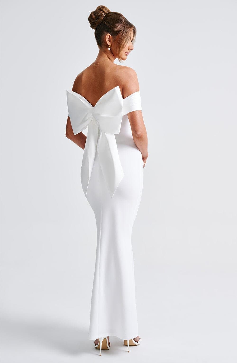 Joanna Maxi Dress in Ivory - Stretch Crepe Fit and Flare with Bardot Neckline