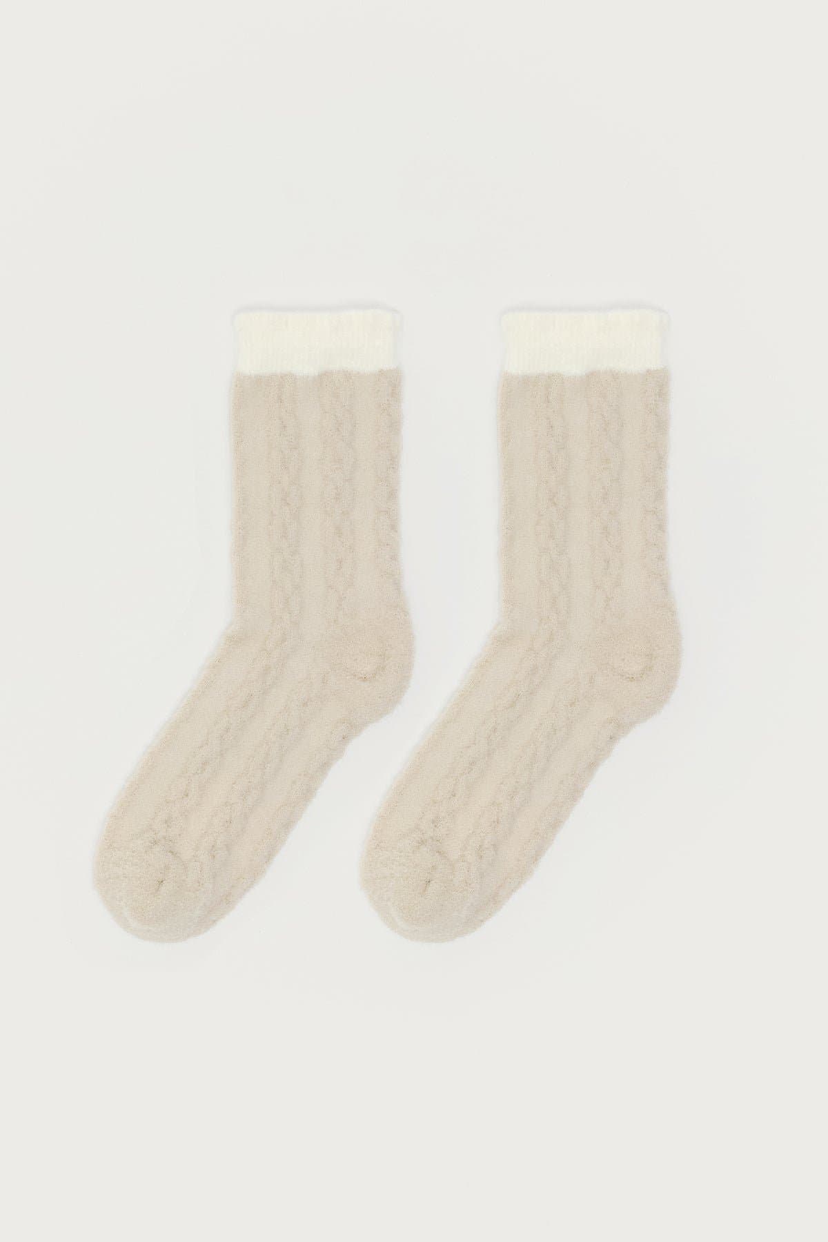 Contrast Fuzzy Cable Knit Socks - Nylon Spandex, 12.2 Inch Length
