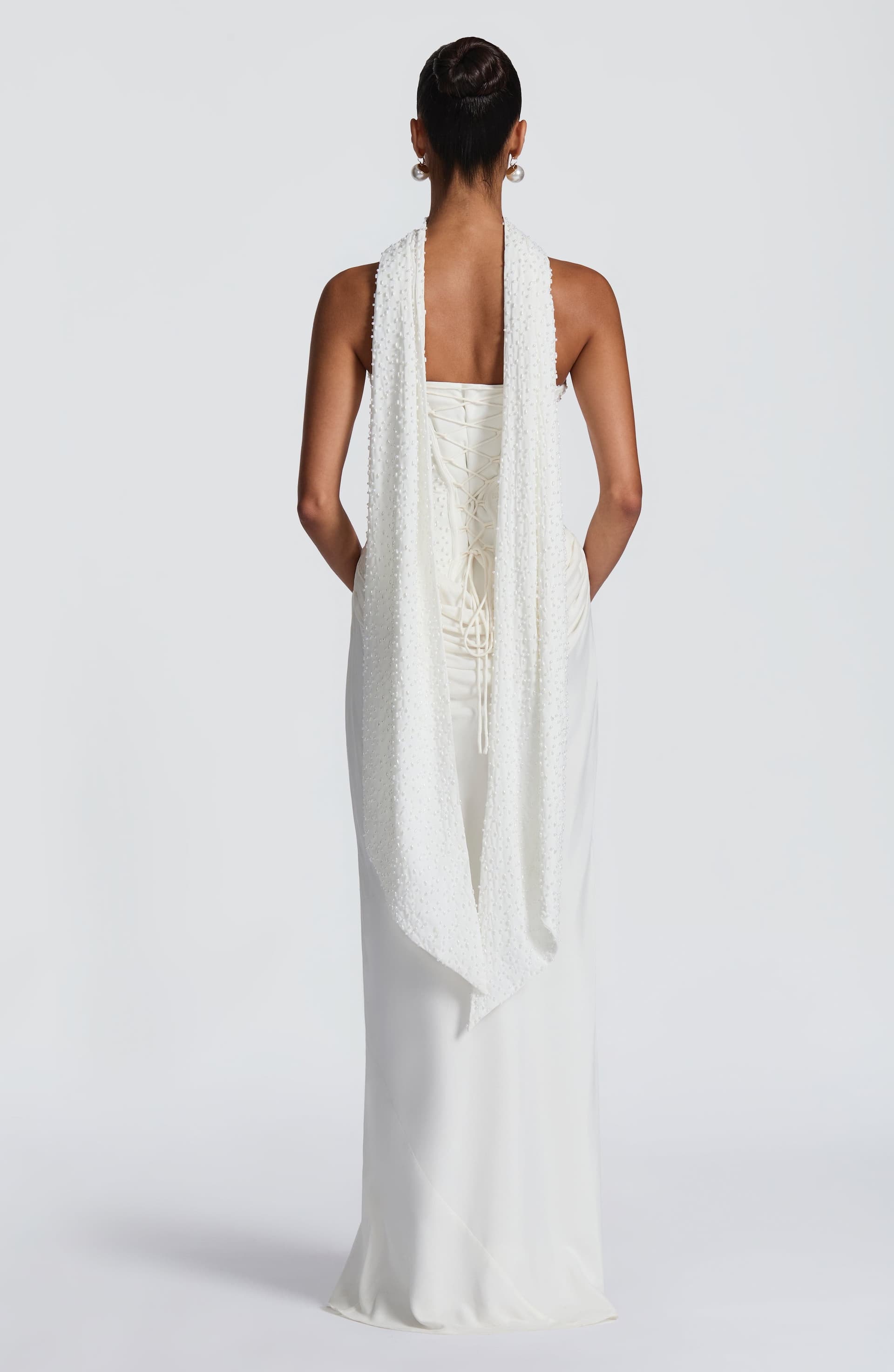 Tindra Maxi Dress Ivory - Pearl Embellished Crepe Bodice Cupro Skirt Strapless