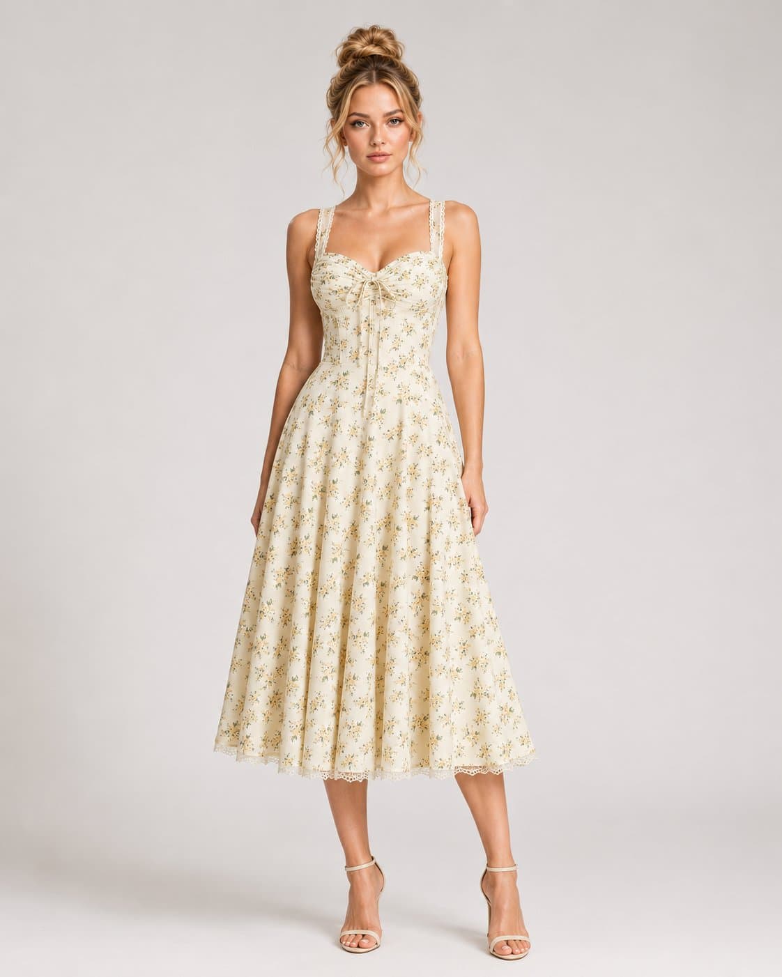 Women's Floral Midi Dress – Sweetheart Neck Tie Front Fitted Bodice Lace Trim Strap A-Line Dress