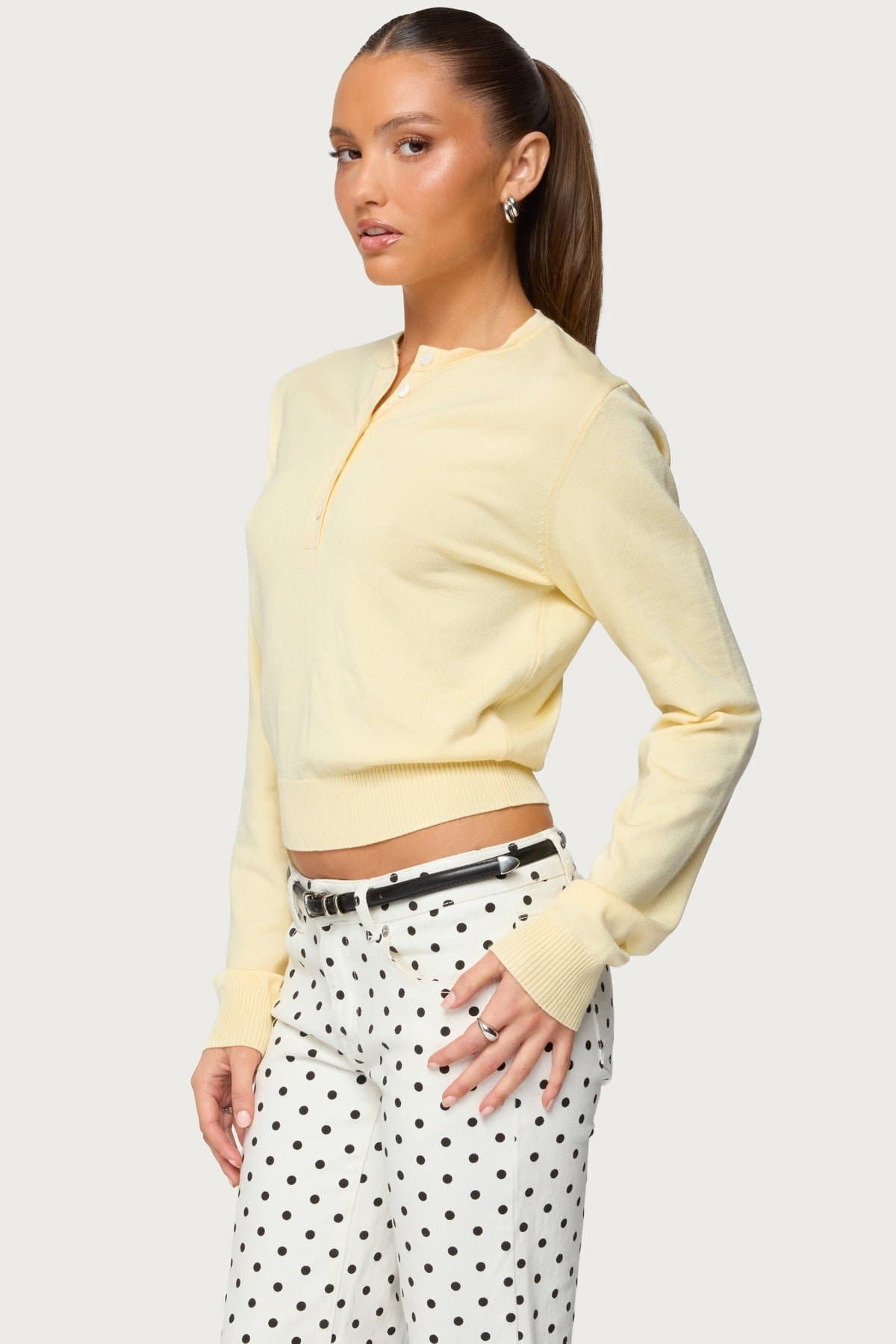Yolana Henley Light Knit Sweater - Polyester Rayon Button Detail Ribbed Trim