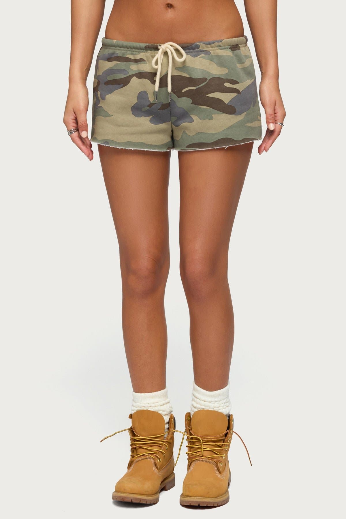 Lynette Camo Print Shorts - Adjustable Tie Waist, Polyester Cotton, Size S Inseam 1.8in