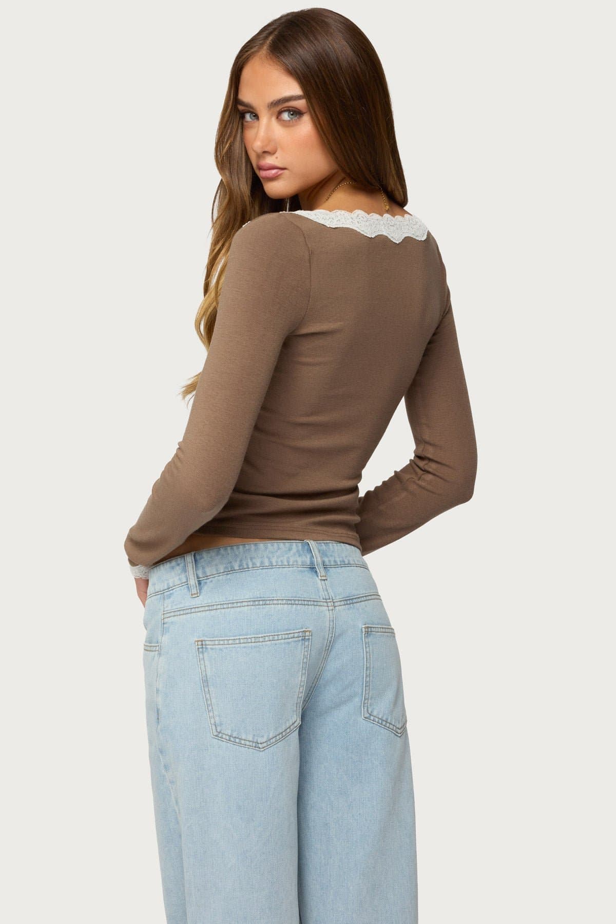 Contrast Lacey Long Sleeve Top with Scalloped Trim and Bow - Rayon Cotton Blend