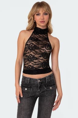 Alena High Neck Sheer Lace Top - Halter Neck Polyester Spandex