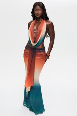 Aquarius Maxi Skirt Fit and Flare with Ruching Hip Detail Ombre Print