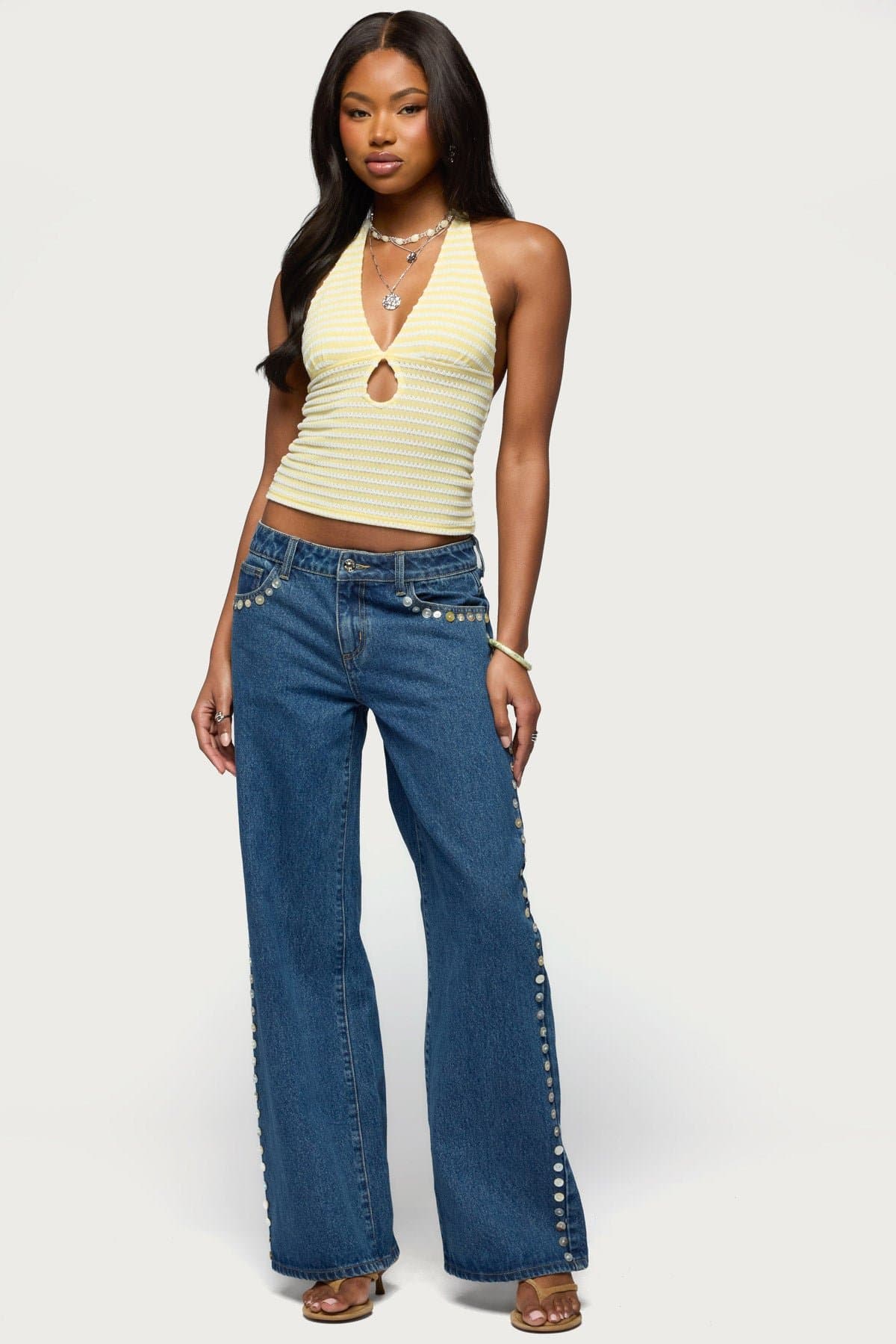 Maylah Keyhole Striped Textured Halter Top - Polyester Spandex