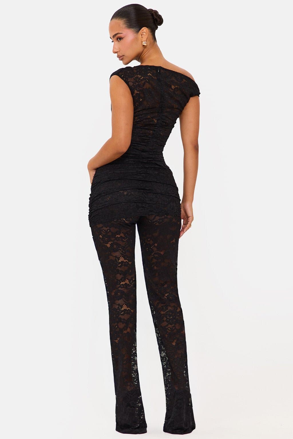 Tempt Black Lace Co-ord Set Off Shoulder Top Straight Leg Trousers Gold Hardware