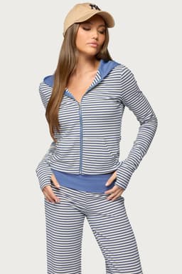 Meggy Striped Zip Up Hoodie with Contrast Hood - Cotton Spandex