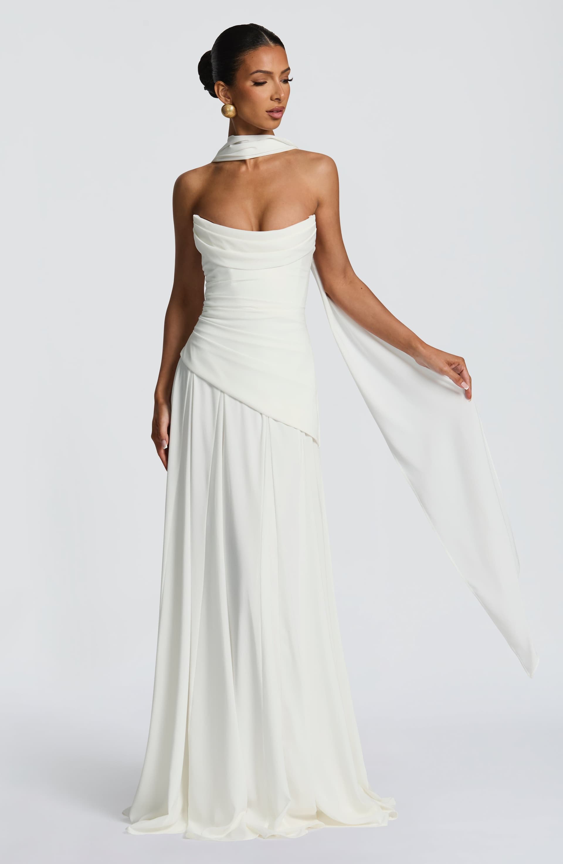 Patricia Maxi Dress in Ivory Chiffon with Lace-Up Back and Godet Skirt