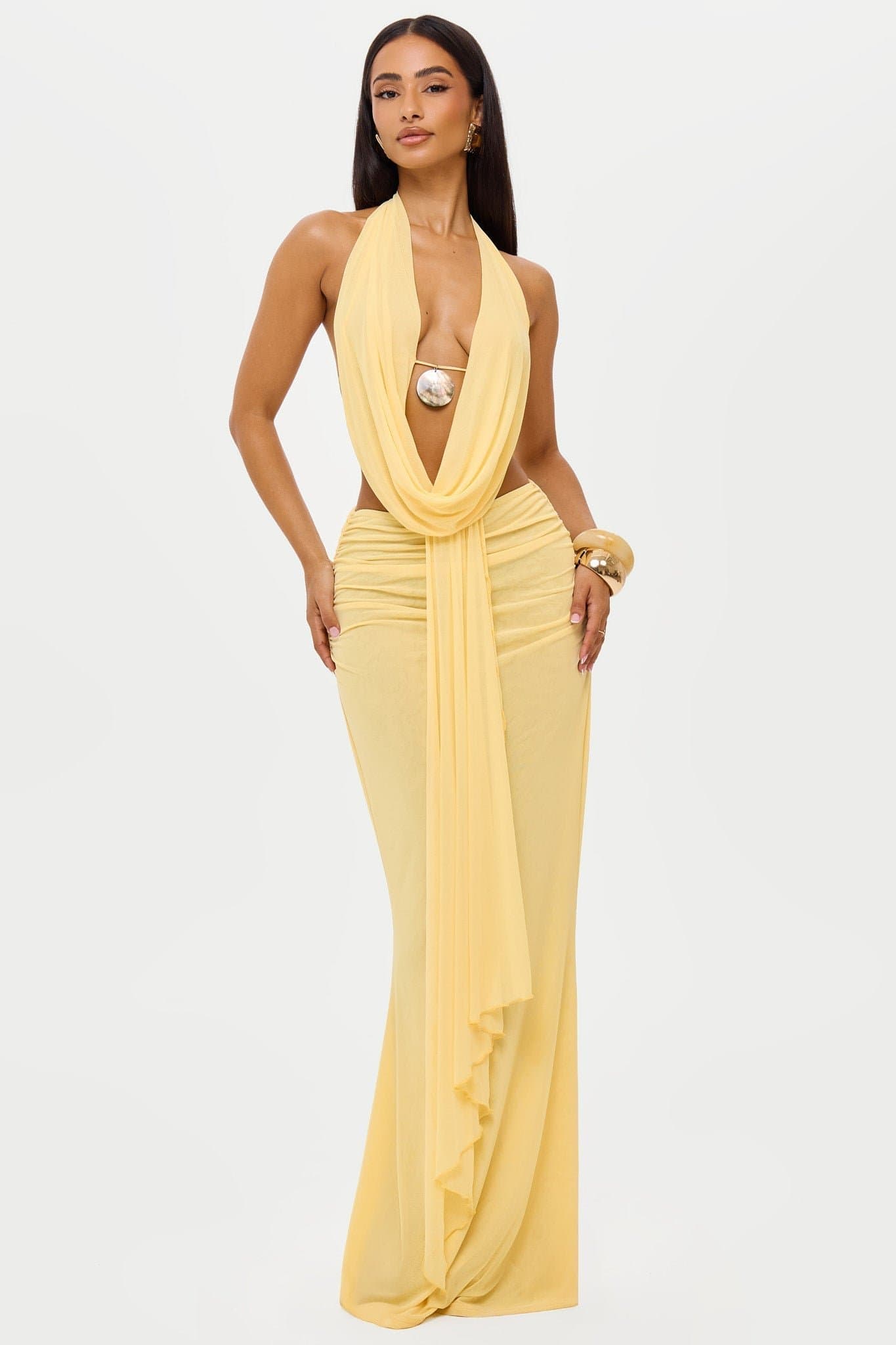 Pearl Maxi Fit and Flare Skirt with Ruching and Stretch Mesh