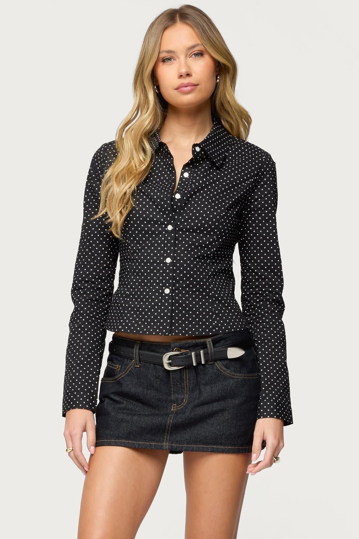 Ilia Polka Dot Button Up Shirt 100% Cotton Tailored Fit Classic Collar