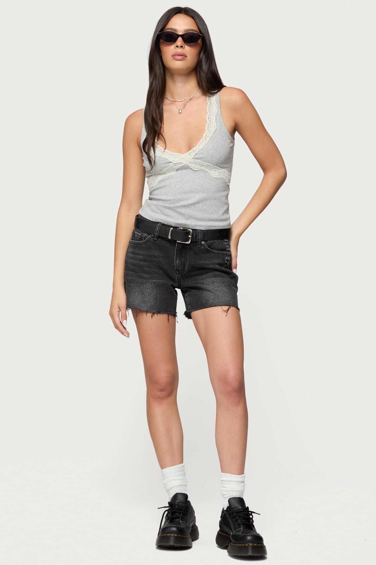 Oriana Contrast Lacey V-Neck Tank Top - Cotton Spandex