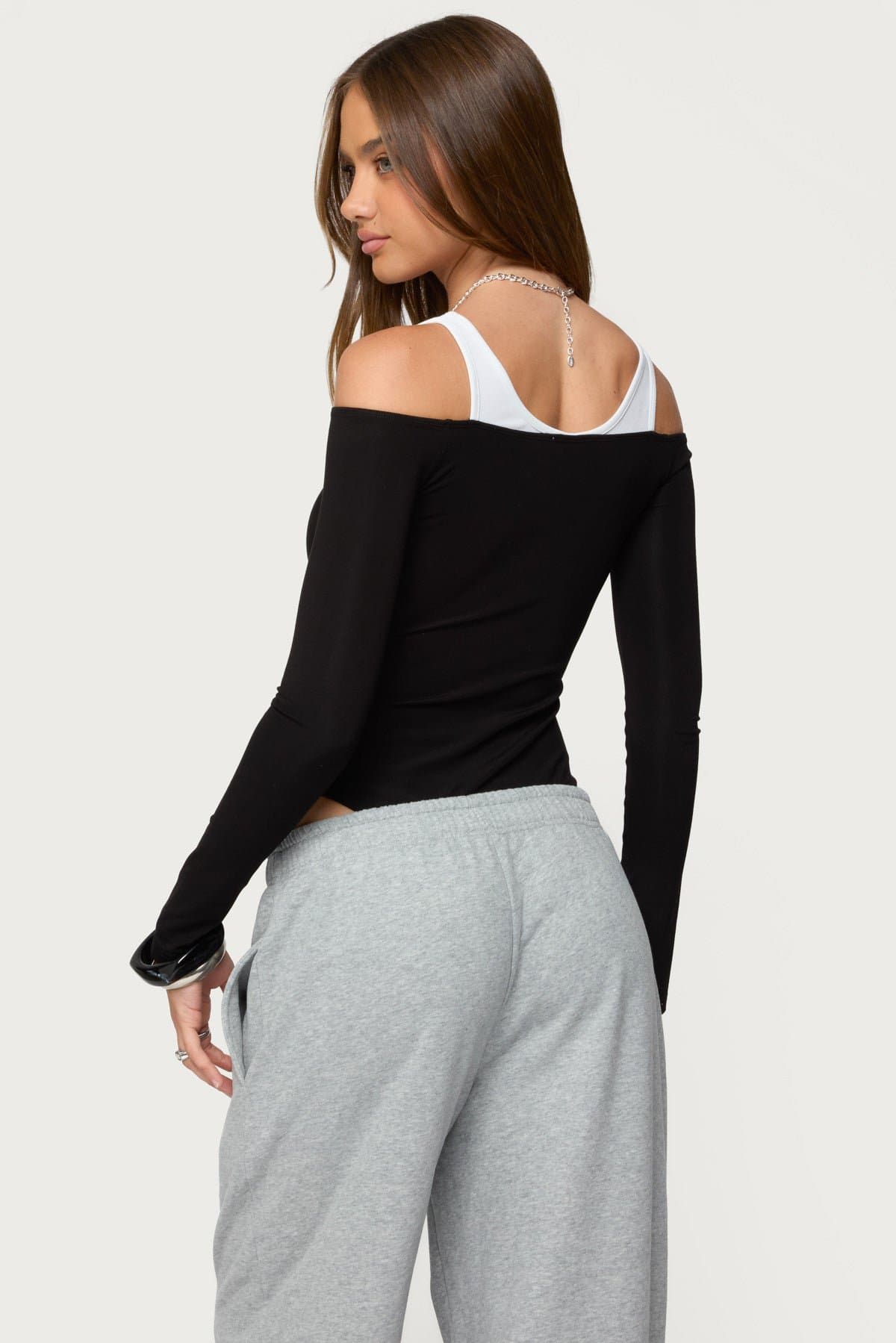 Layered Ribbed Off Shoulder Bodysuit - Long Sleeve Polyester Spandex