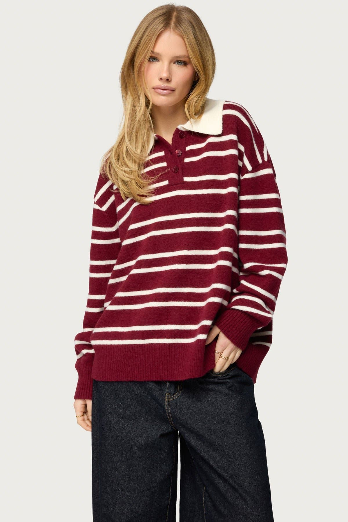 Rilynn Striped Polo Sweater - Oversized Knit Rugby Shirt in Acrylic Polyester Nylon