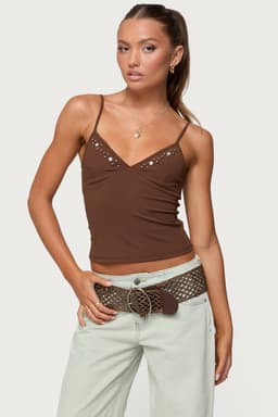Holland Bead V-Neck Tank Top with Adjustable Straps and Frill Trim
