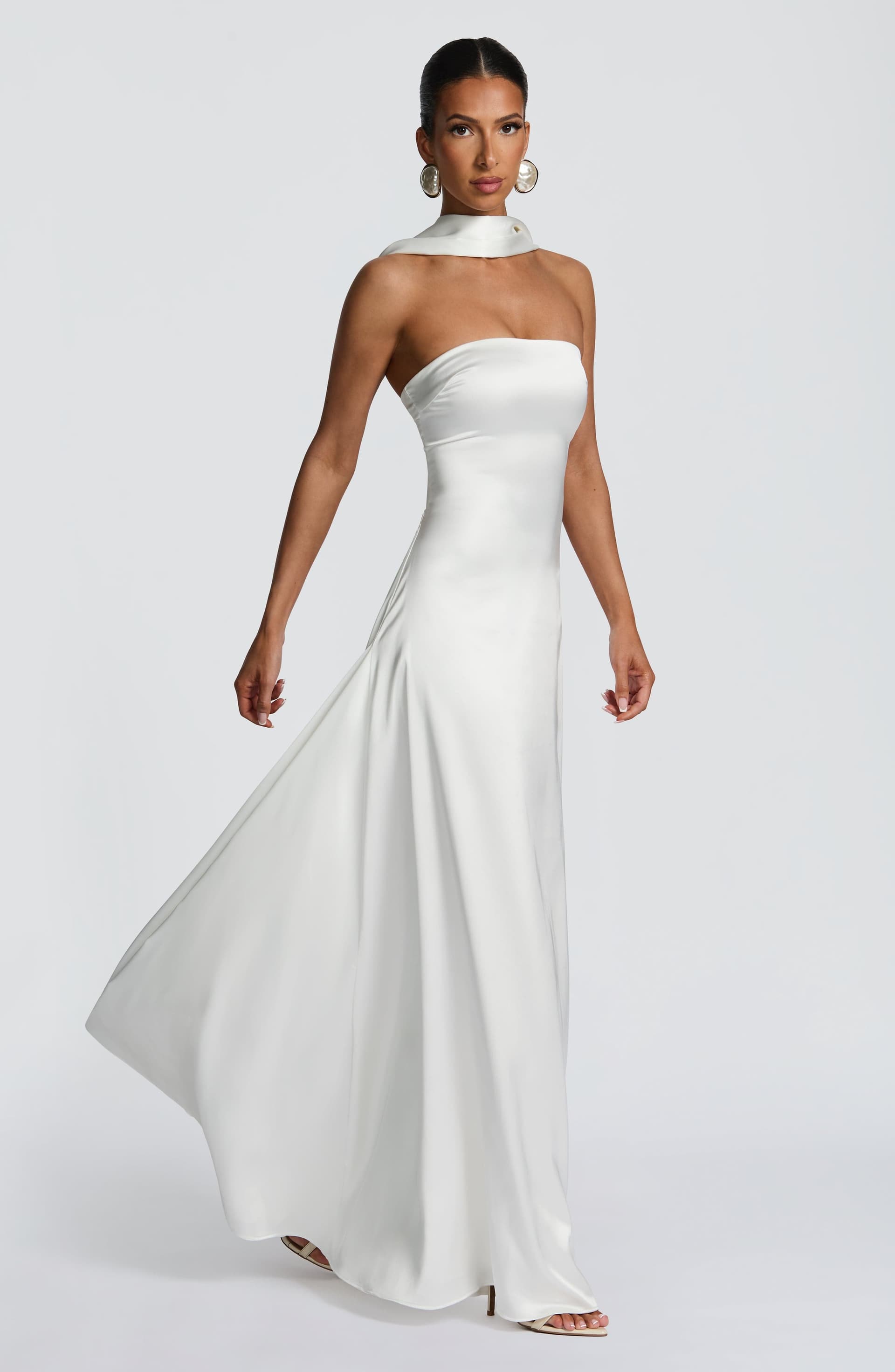 Morven Maxi Dress in Ivory - Strapless Satin A-Line with Lace-Up Back