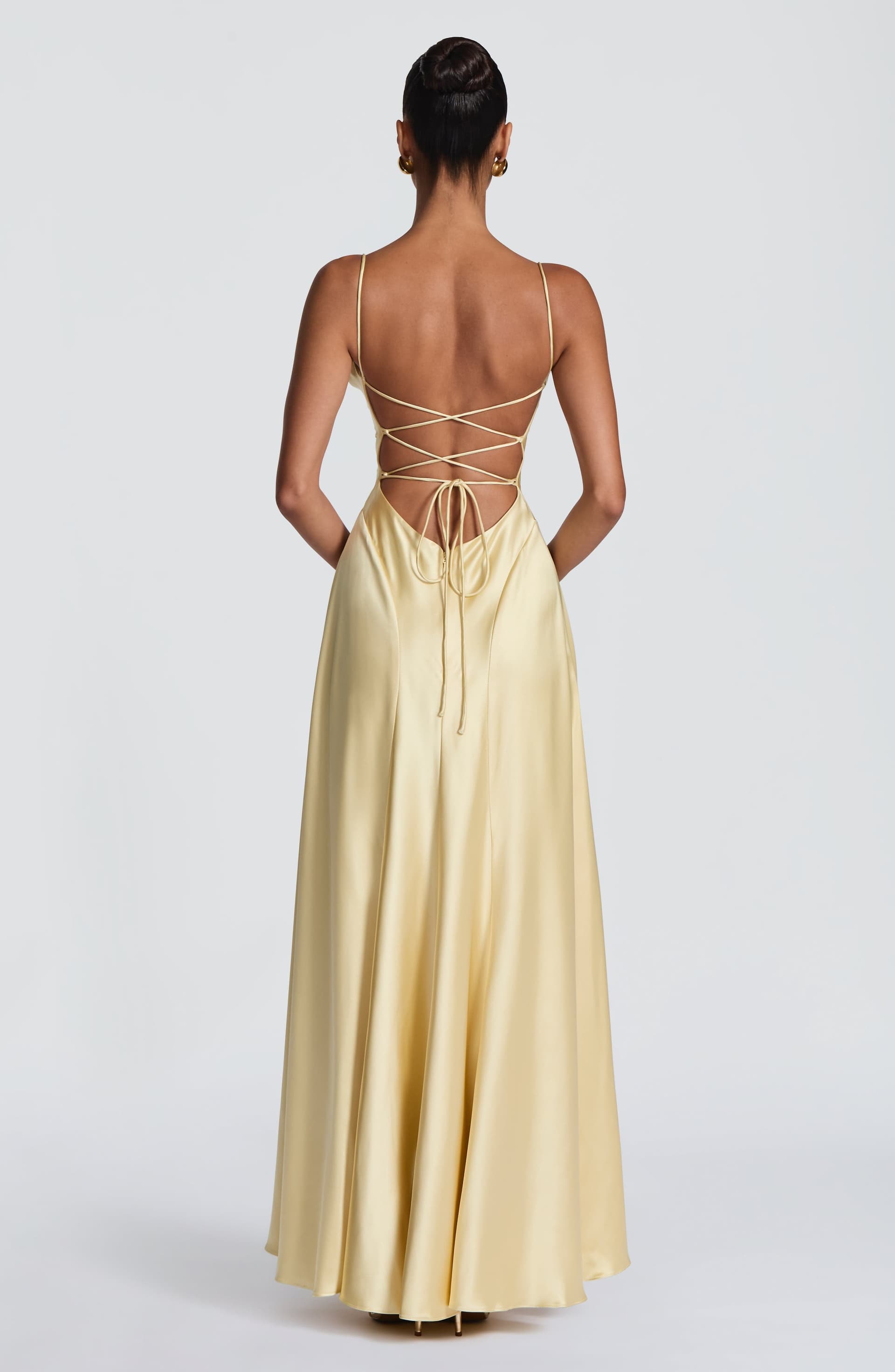 Adelina Lemon Maxi Dress - Satin Twist Cowl Neck Spaghetti Straps Lace-Up Back