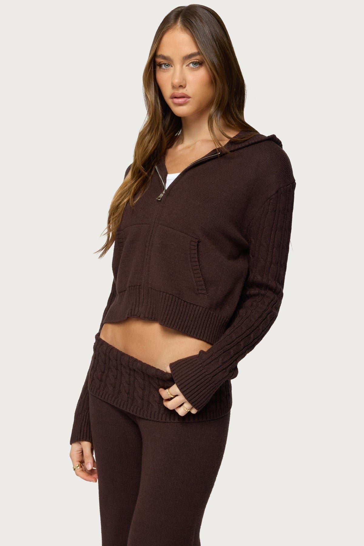 Lula Cable Knit Zip Up Hoodie - Rayon Nylon Polyester Knit Fabric