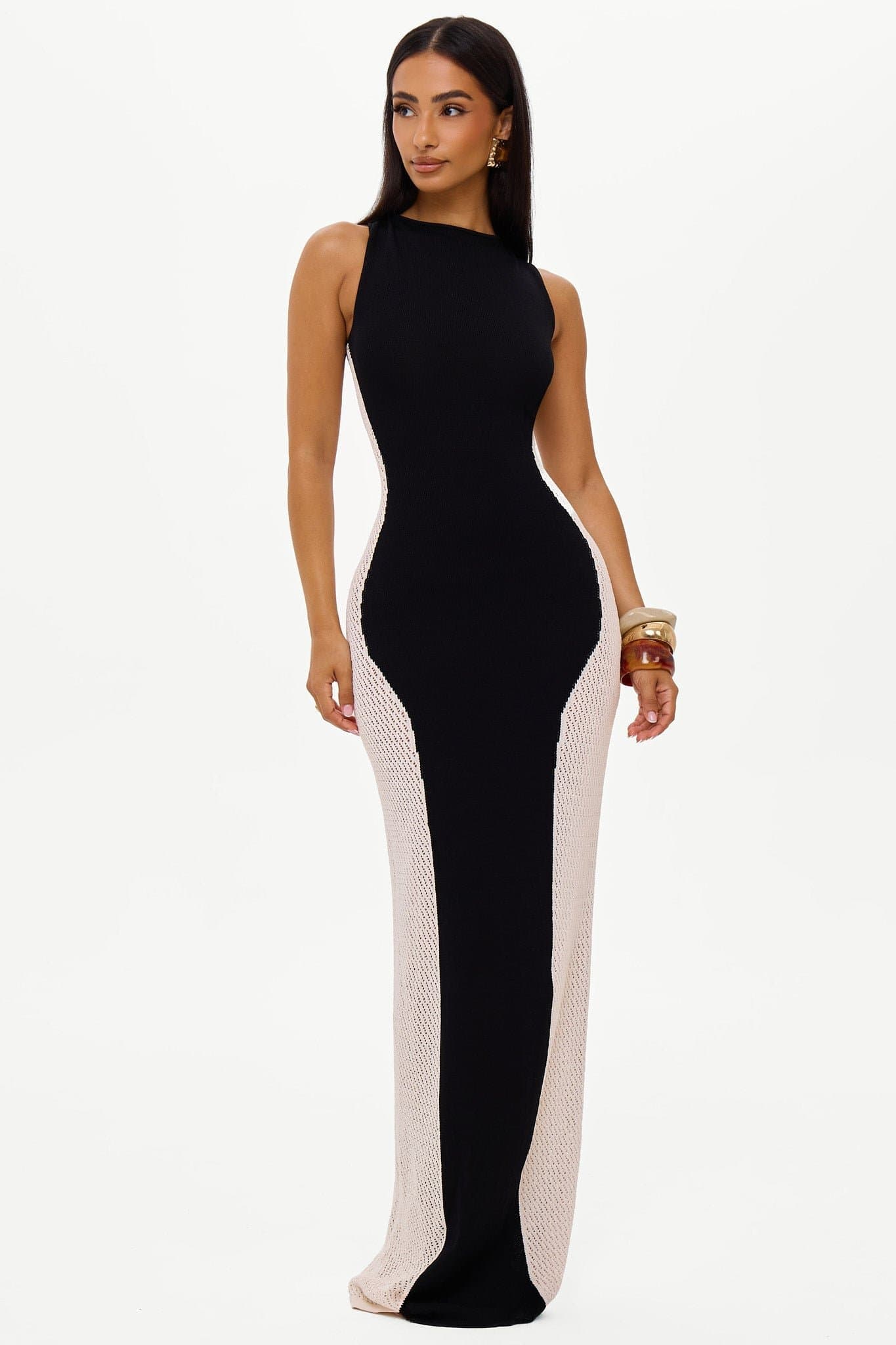 NYX Knitted Maxi Bodycon Dress Slash Neck Off-White Side Panels UK Size 8