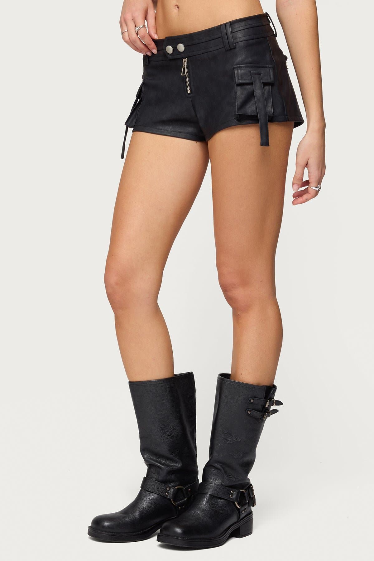 Washed Faux Leather Micro Cargo Shorts - Polyurethane Polyester