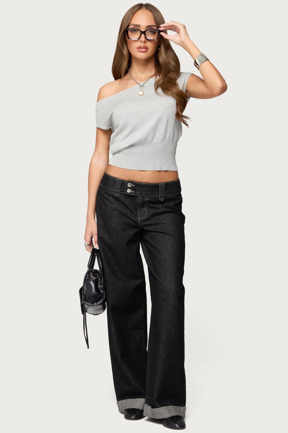 Michaela Off Shoulder Knit Top - Polyester Rayon Ribbed Fitted Hem