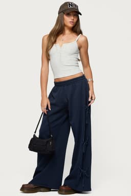 Claudette Baggy Ribbon Sweatpants - Polyester Cotton Elastic Waistband Side Ribbon Detail Small Inseam 30.91"