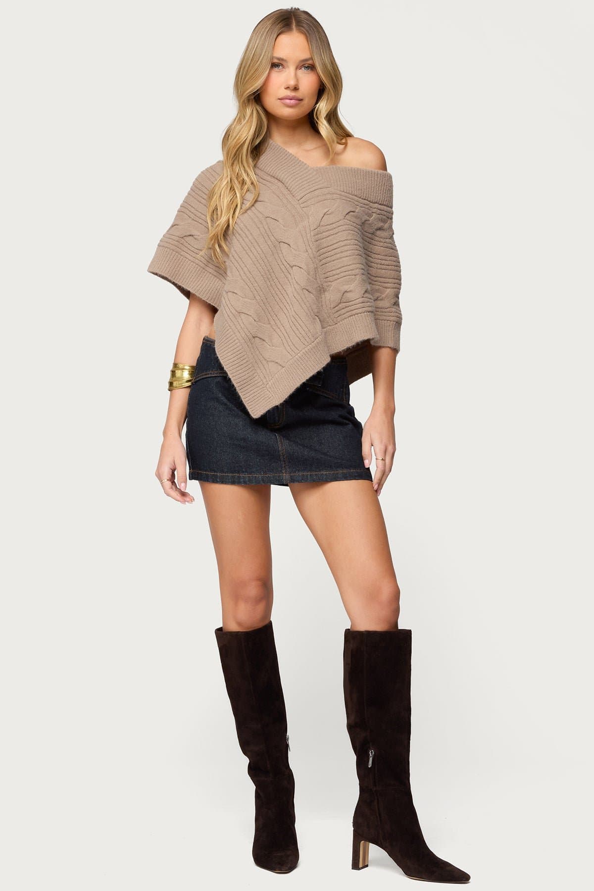 Vickey Cable Knit Poncho - V-Neck Acrylic Polyester Nylon Sweater