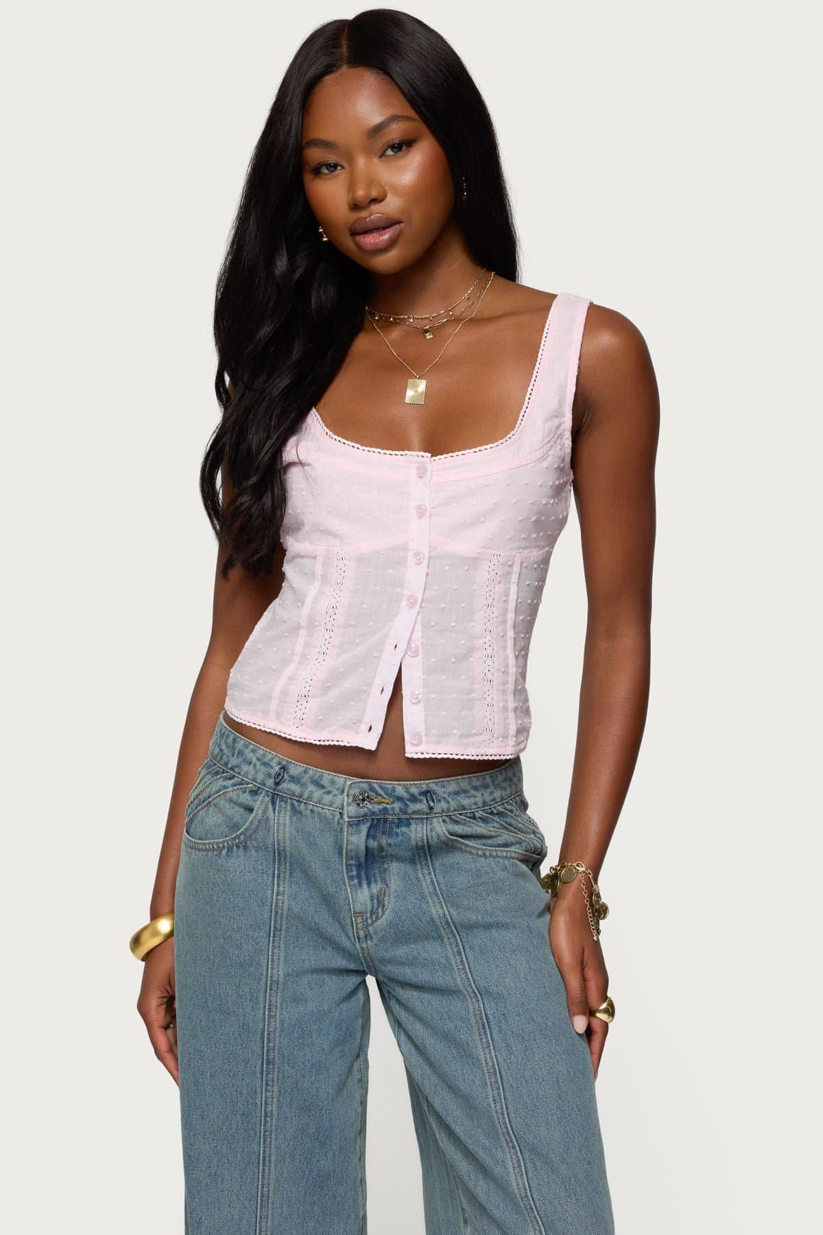 Embroidered Cotton Button Up Tank Top - Square Neckline, Smocked Back