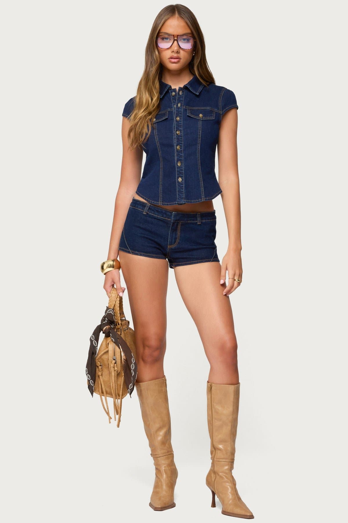 Contrast Stitch Button Up Denim Shirt Short Sleeve Cotton Polyester Spandex