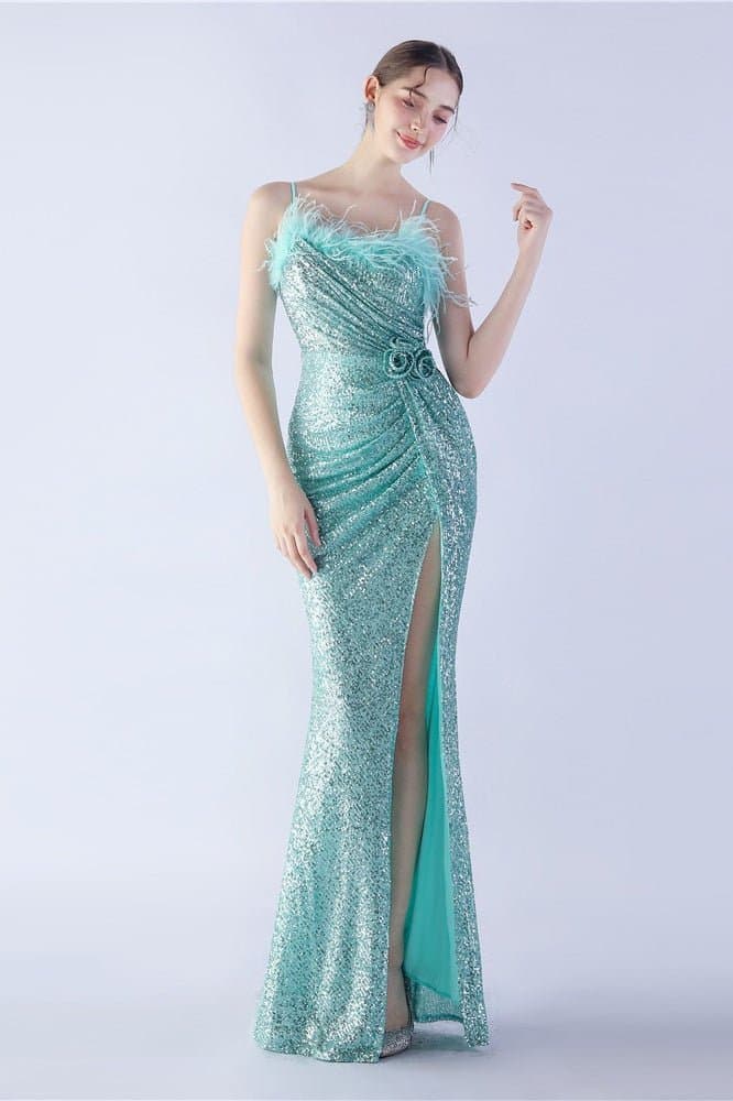 Ostrich Feather Embellished V-Neck Sleeveless Maxi Dress