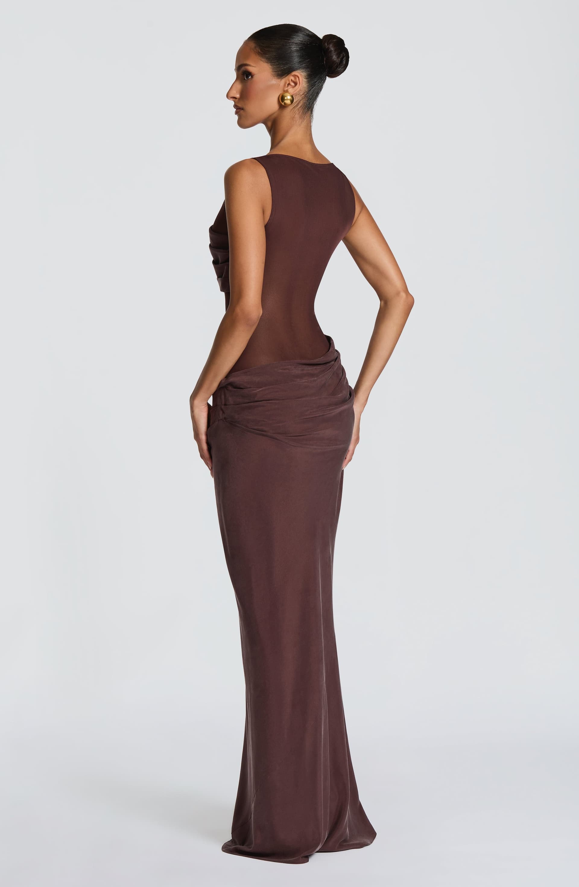 Gracelyn Maxi Dress - Plum Brown Sheer Mesh Bodice Cupro Skirt