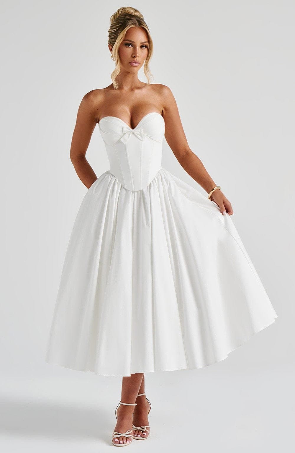 Prim Midi Dress Ivory Strapless Plunge Sweetheart Neckline Lace-Up Back Boned Corset