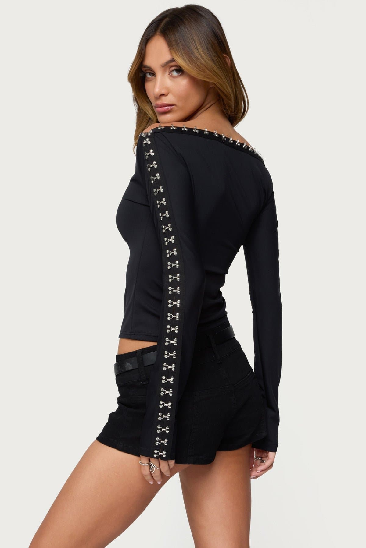 Zaina Hook & Eye Boat Neck Long Sleeve Top - Nylon Spandex