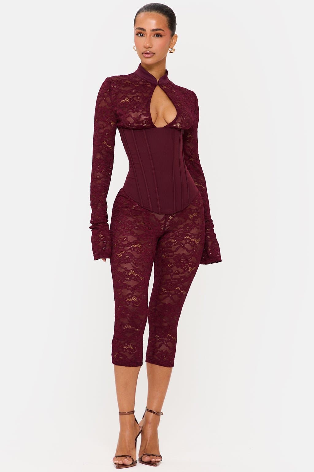 Jagger Long Sleeve Lace Capri Jumpsuit High Neck Keyhole Corset Back