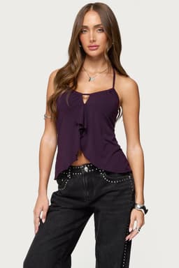 Lorenna Split Front Halter Top with Adjustable Neck Tie, Keyhole Cutout, Modal Spandex